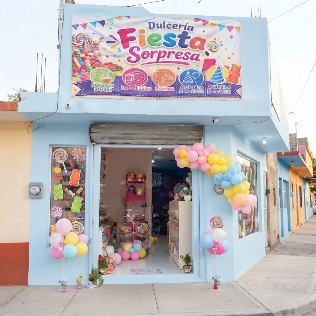 Fachada de la Dulcería Fiesta Sorpresa decorada con globos